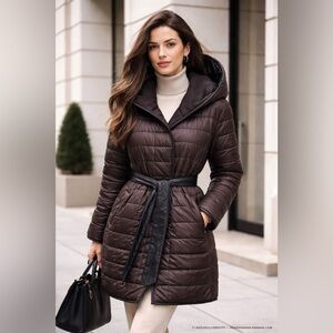 Massimo Dutti XL Dark Brown Reversible Quilted Coat Belted